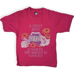 Vintage 90s Bunnies Mom Cookies Cross Stitch Pink Single Stitch T-Shirt Sz Med